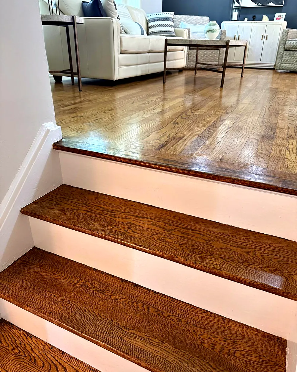 Hardwood steps leading to the living room, house cleaning in Dover, NJ